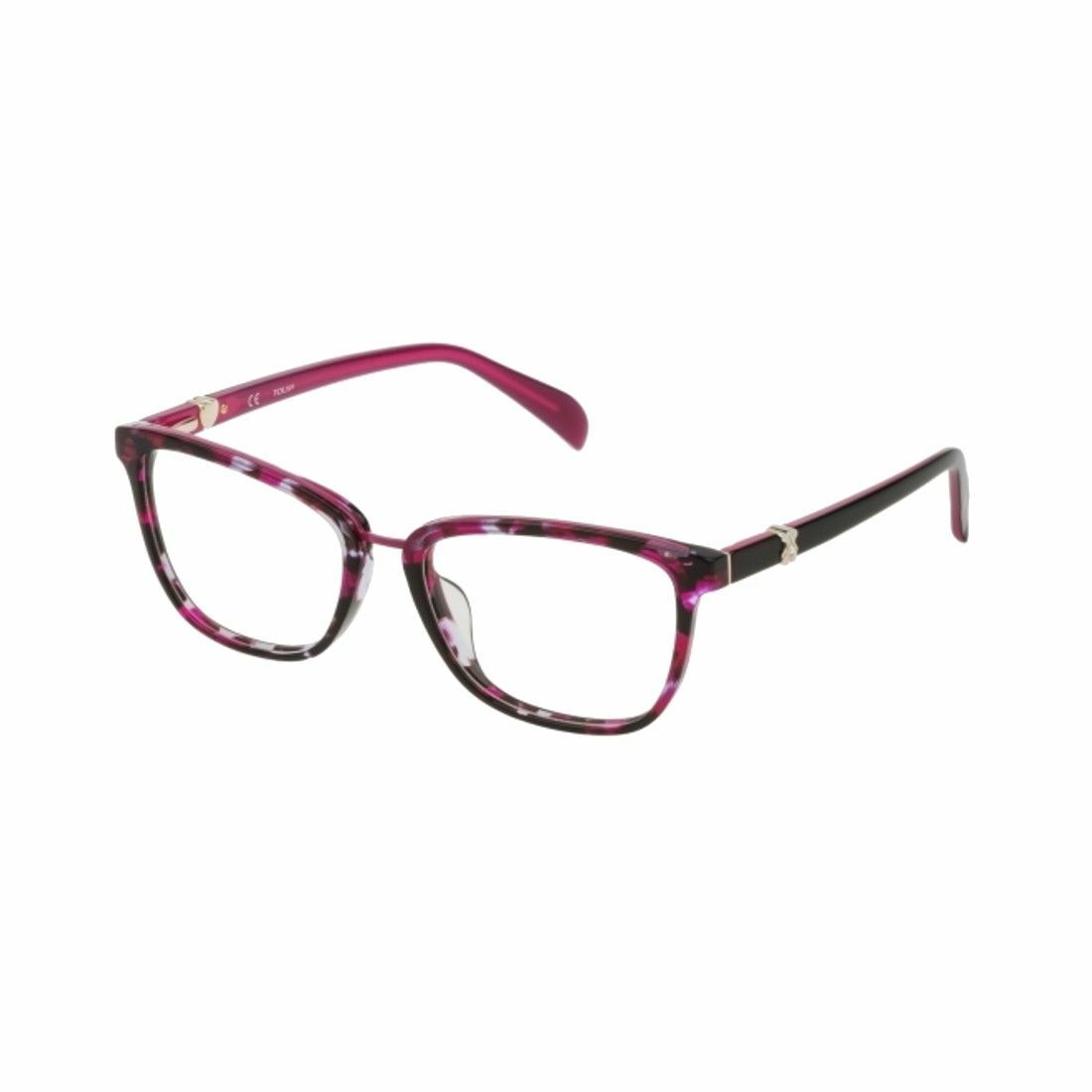 Tous VTOA38S-07TC Shiny Cyclamen Havana Square Women's Acetate Eyeglasses showcasing vibrant color and stylish design.